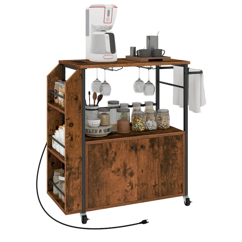 Rolling Portable Kitchen Island Cart With Power Outlet And Open Shelves
