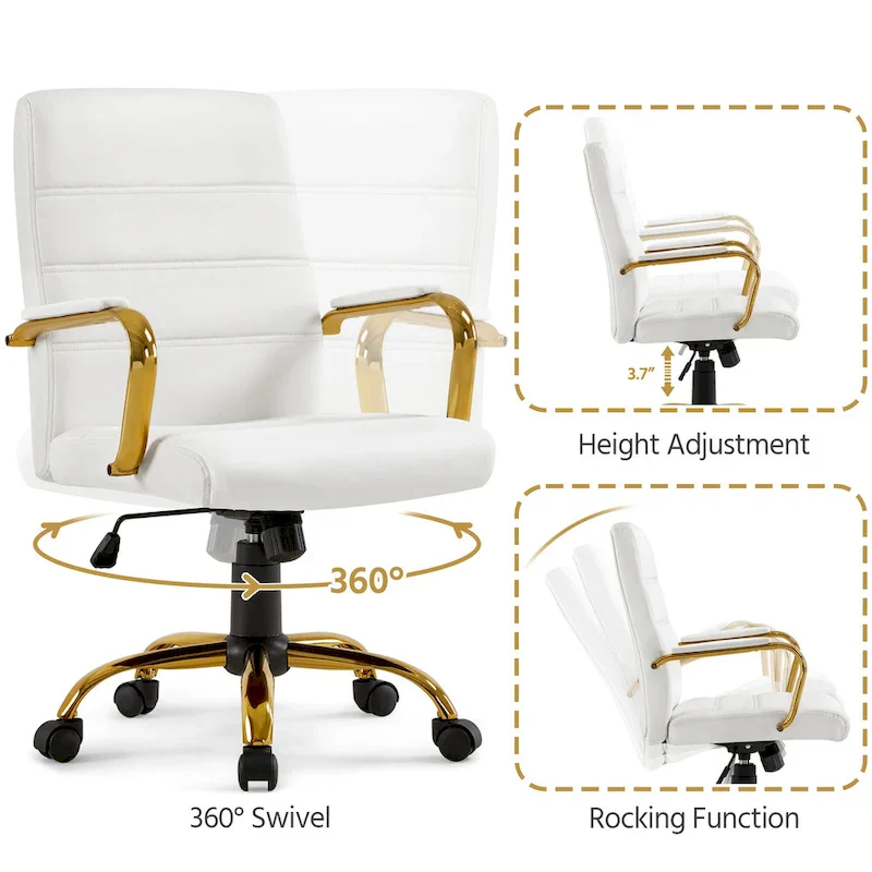 White Mid-Back PU Leather Office Chair with Gold Chrome Frame and Tilt Lock – Single User