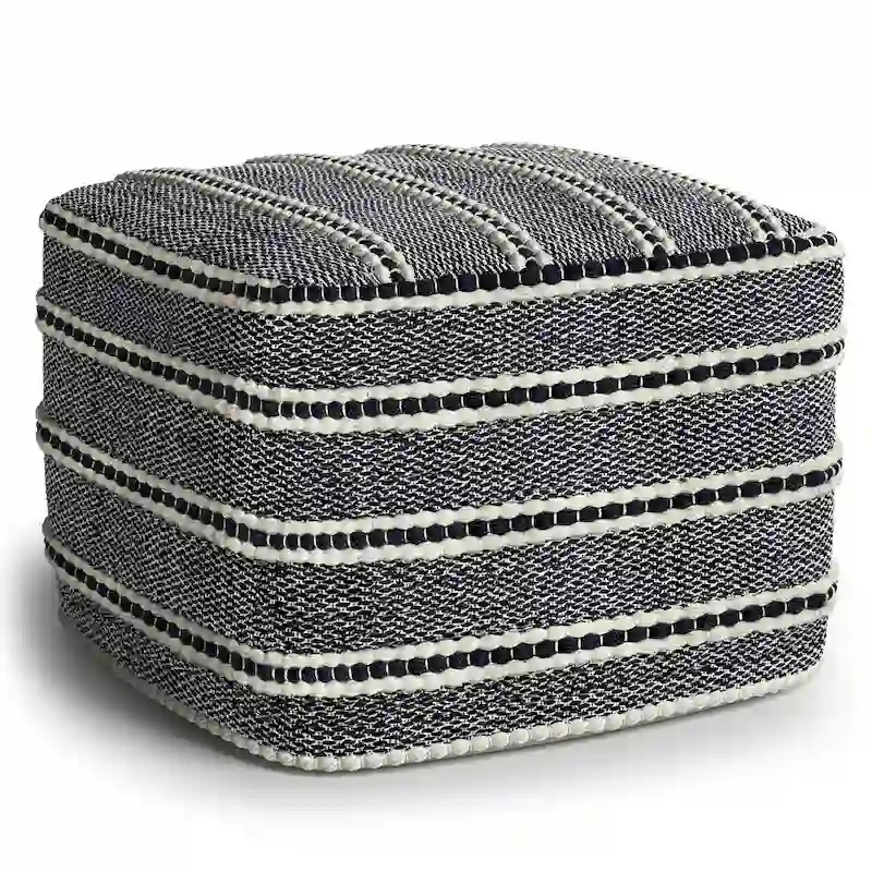 WYNDENHALL Anika Square Woven Pouf in Navy and White Recycled PET Polyester