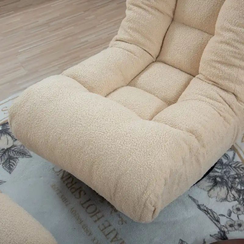 Beige Boucle Upholstered 360 Swivel Armless Manual Leisure Recliner Set with Ottoman, Adjustable Headrest and Backrest