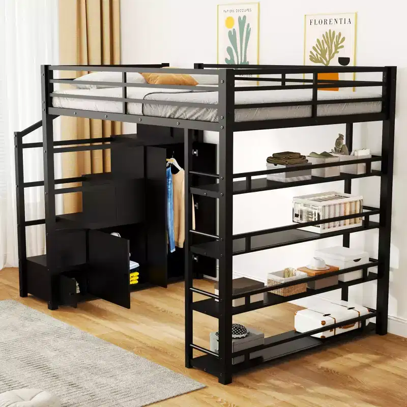 Metal Loft Bed with 4-Tier Shelves, Wardrobe & Storage Staircase, Full/Queen, 95.7