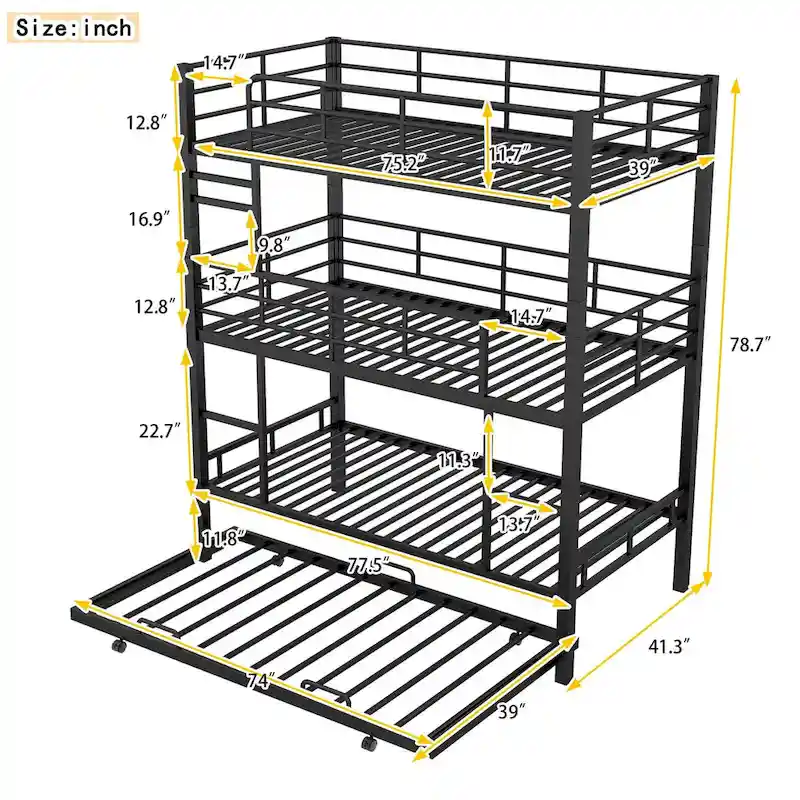 Metal Twin Size Triple Bunk Bed With Trundle