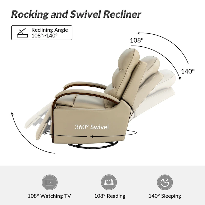 Leopold Modern Genuine Leather Swivel Rocking Manual Recliner Chair with Wooden Arm Accents by HULALA HOME