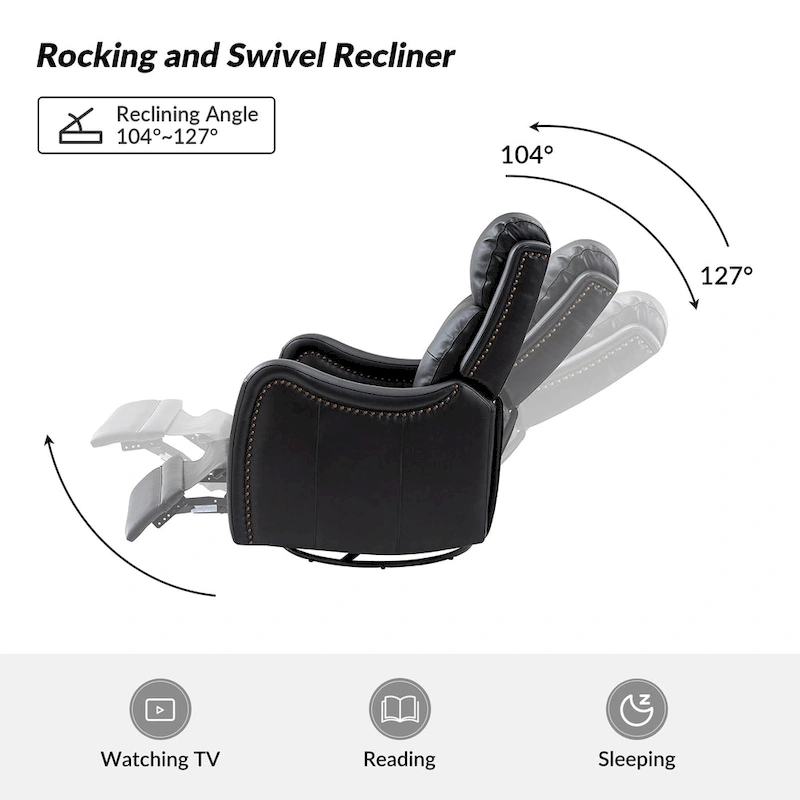 FrancoModern Genuine Leather Swivel Rocker Recliner with Nailhead Trims by HULALA HOME