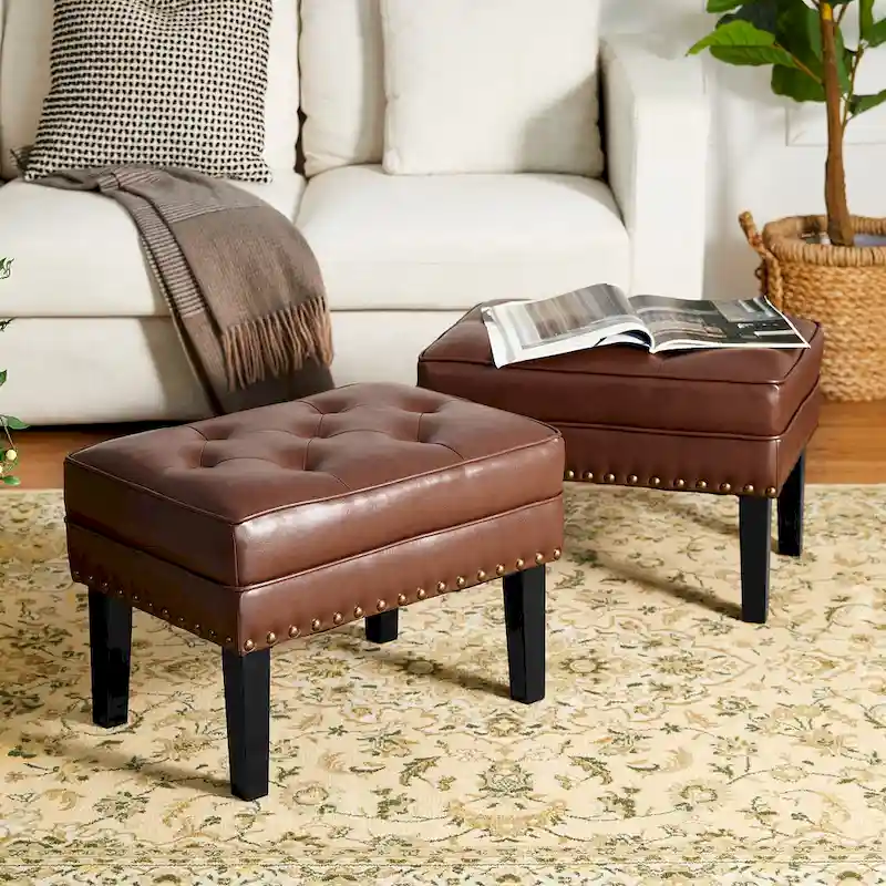 Glitzhome Set of 2 22W Leatherette Button-tufted Foot Stools Ottomans