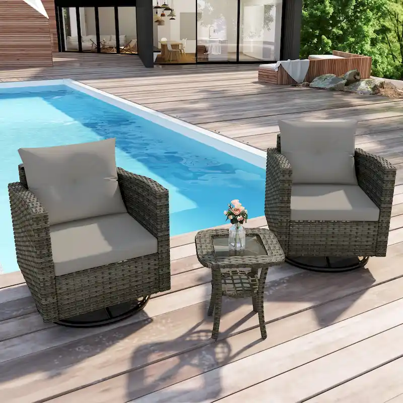 Outdoor Rattan Conversation Swivel Chair Set of 3 with Table