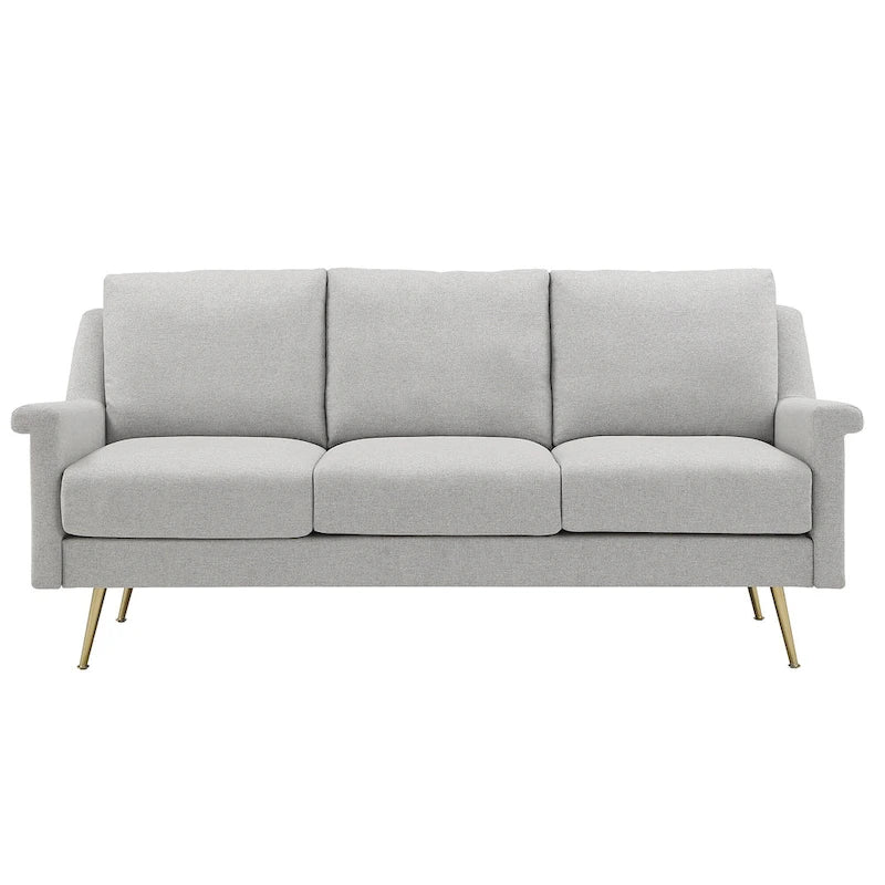 Mid-Century Modern Grey Fabric Sofa with Gold Metal Legs, 3-Seat Living Room Couch