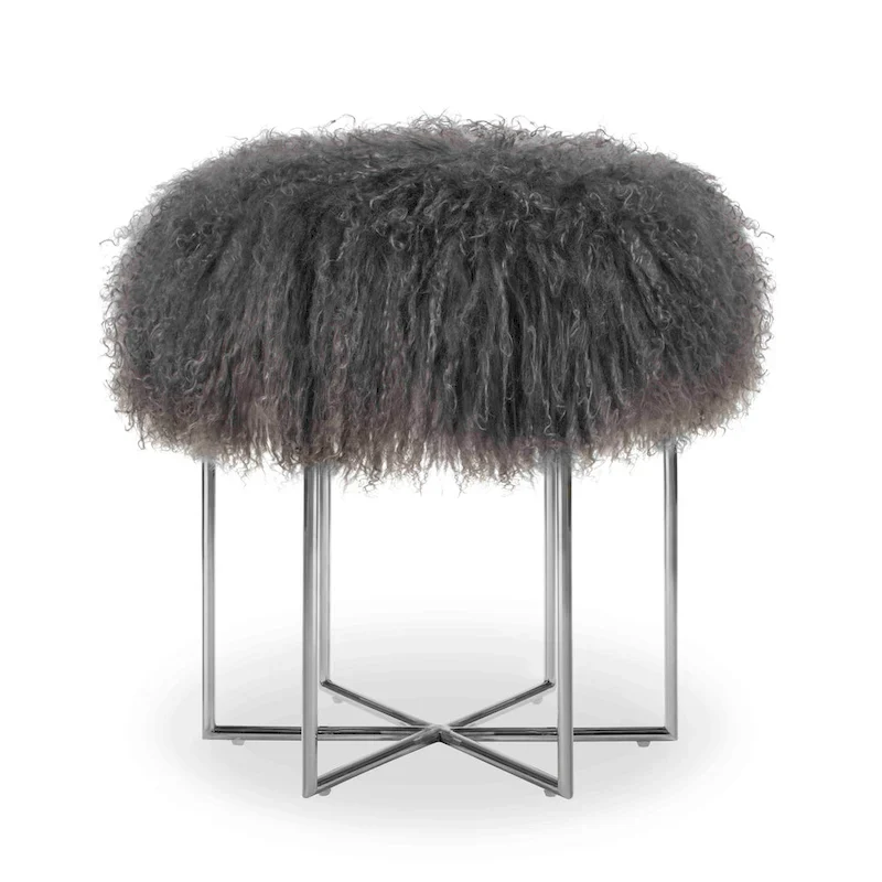 Bailey Real Sheepskin Mongolian/ Stainless Steel Ottoman