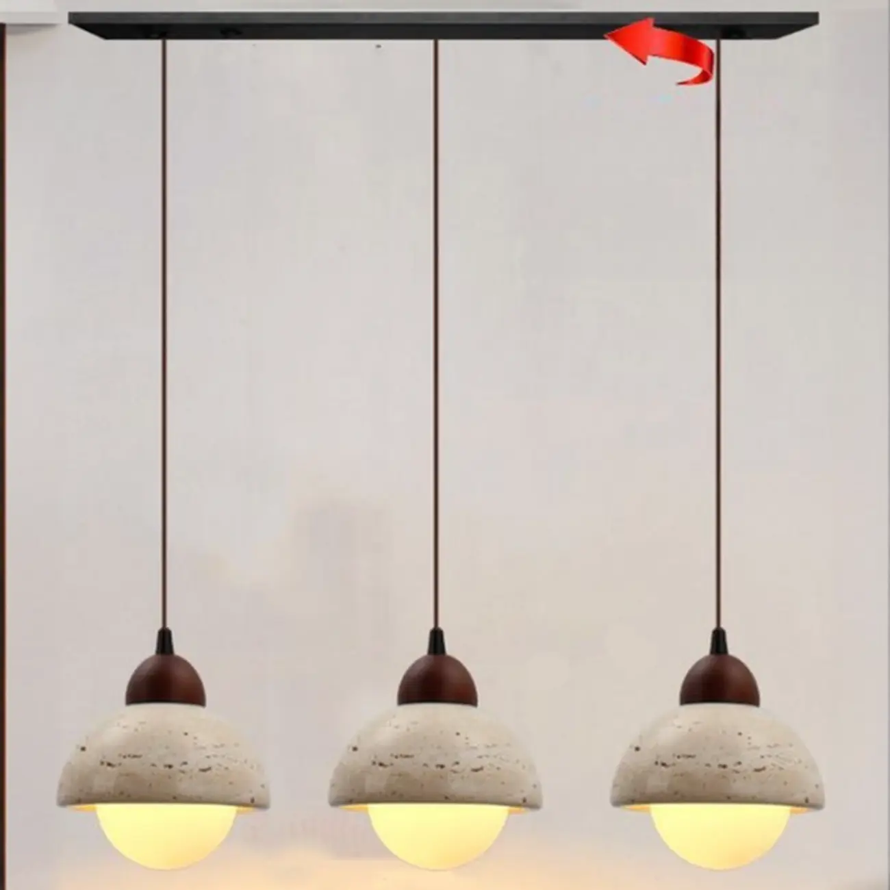 Modern 3-Light Walnut Wood Stone Cylinder Pendant Lamp