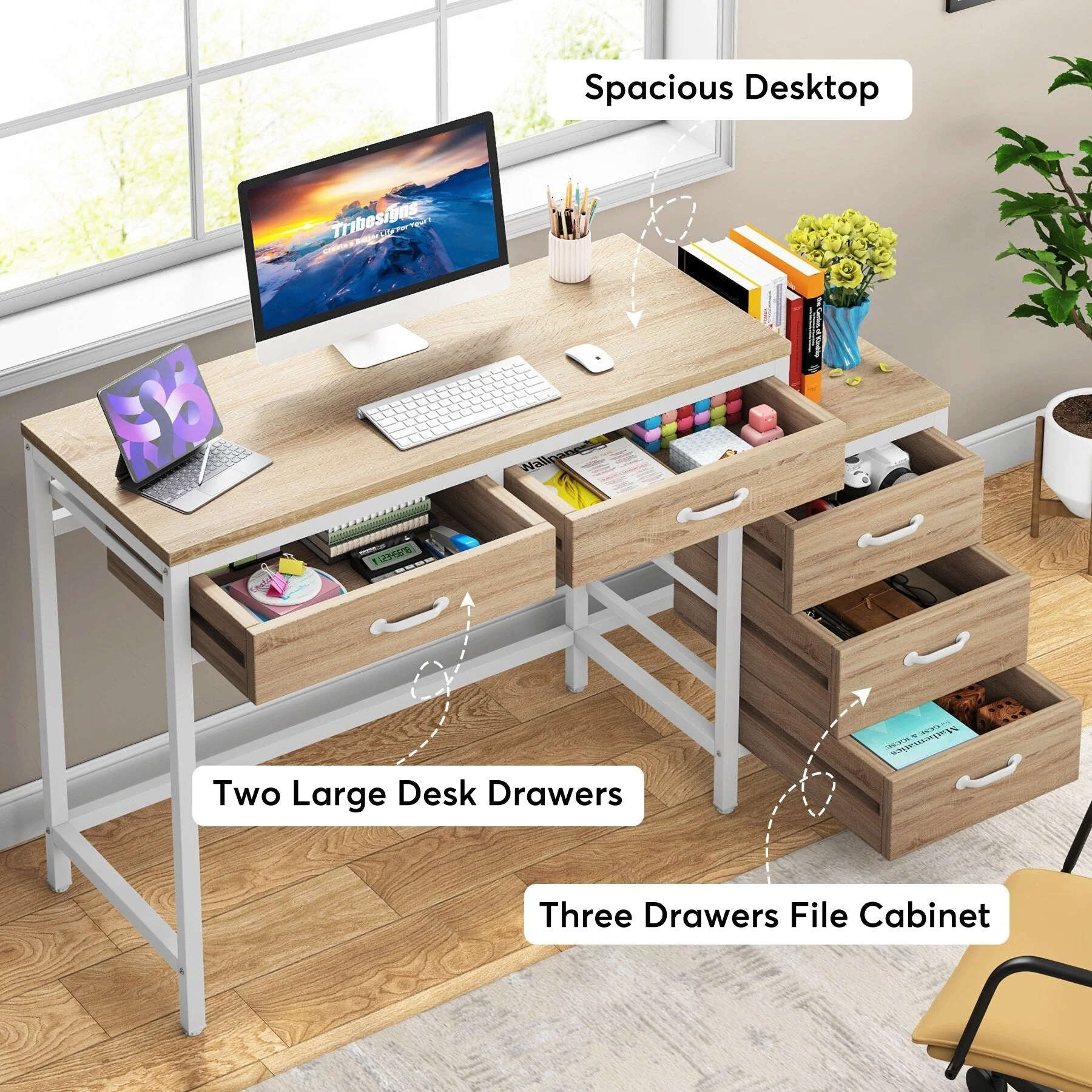 Reversible Computer Desk with 5 Drawers, Home Office Desk with File Cabinet Drawer Printer Stand