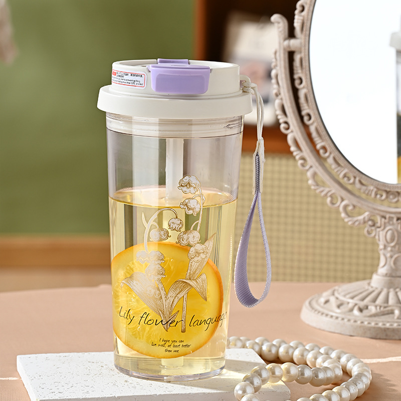 600ML Purple Lily of the Valley Water Bottle with Straw and Lanyard