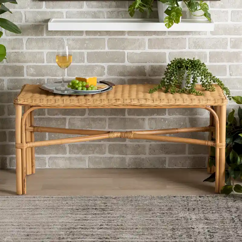 Cacaban Modern Bohemian Natural Brown Rattan Accent Bench