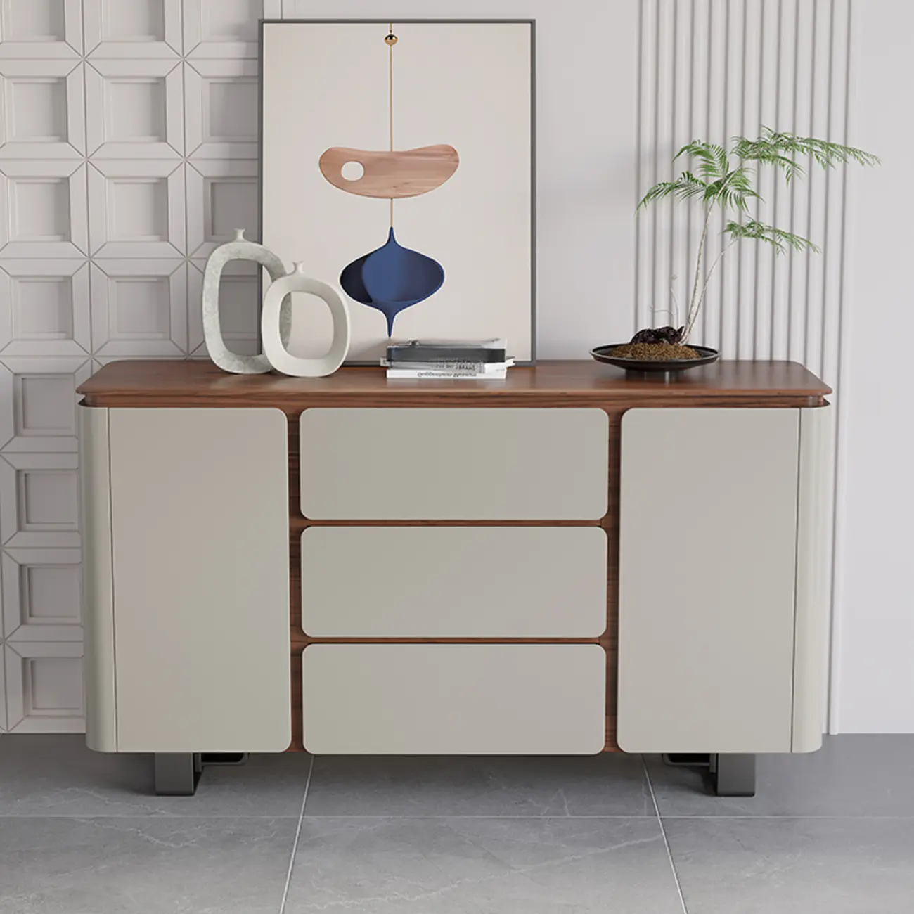 Modern Wooden Sideboard with Mirrored Accents and Storage