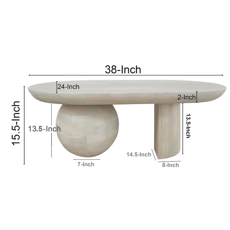 38 Inch Coffee Table, Oblong Mango Wood Top with a Modern Ball Leg