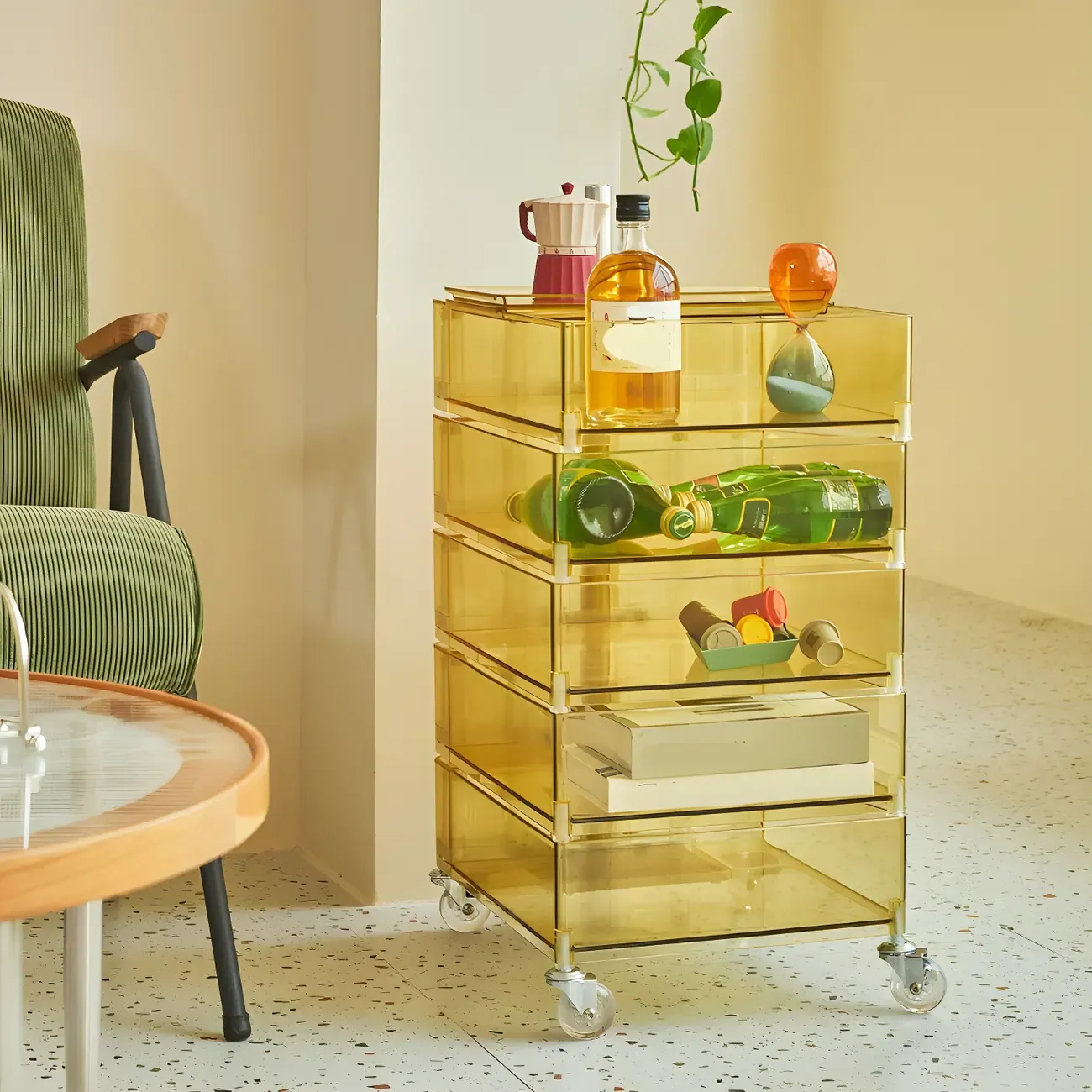 Vibrant Yellow Transparent Nightstand with Drawers and Wheels