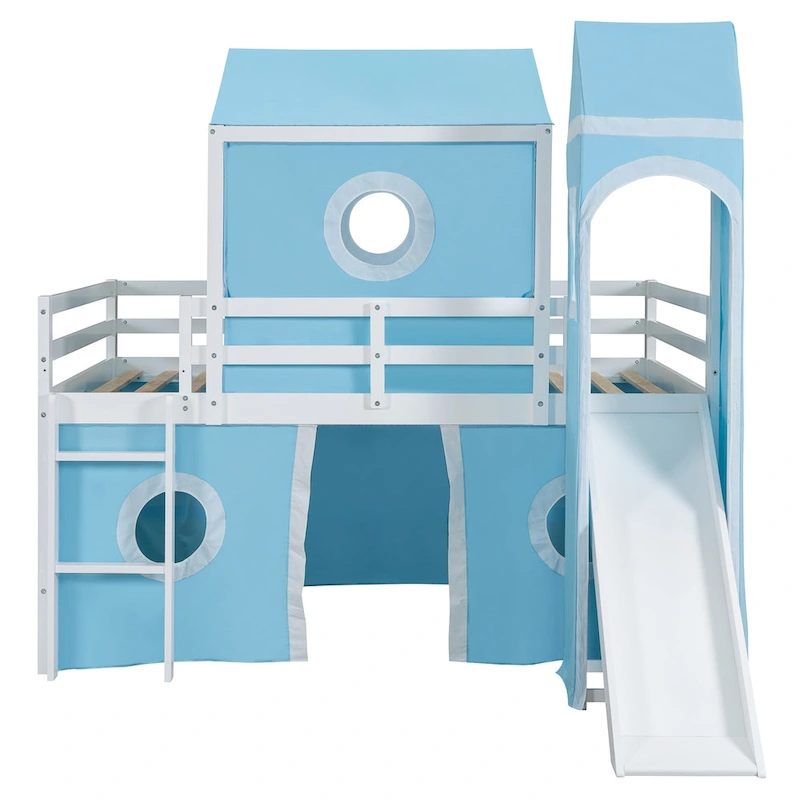 Full Size Loft Bed with Slide Pink Tent and Tower