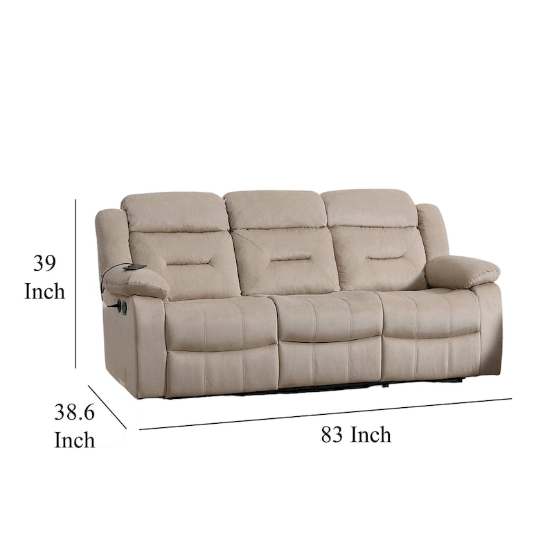 Niko Manual Recliner Sofa, Plush Beige Velvet, Solid Wood, 83 Inch