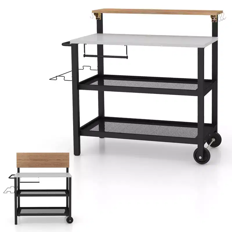 Rolling Bar Cart w/ Flip-up Table Hooks Paper Towel Holder Trash Bag Holder