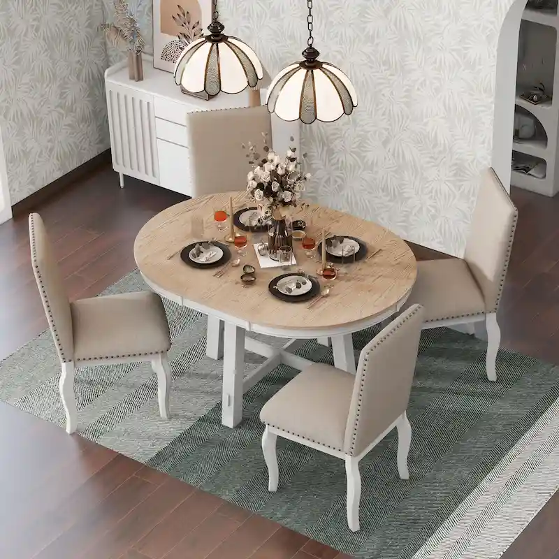 5-Piece Extendable Dining Table Set with Upholstered Chairs