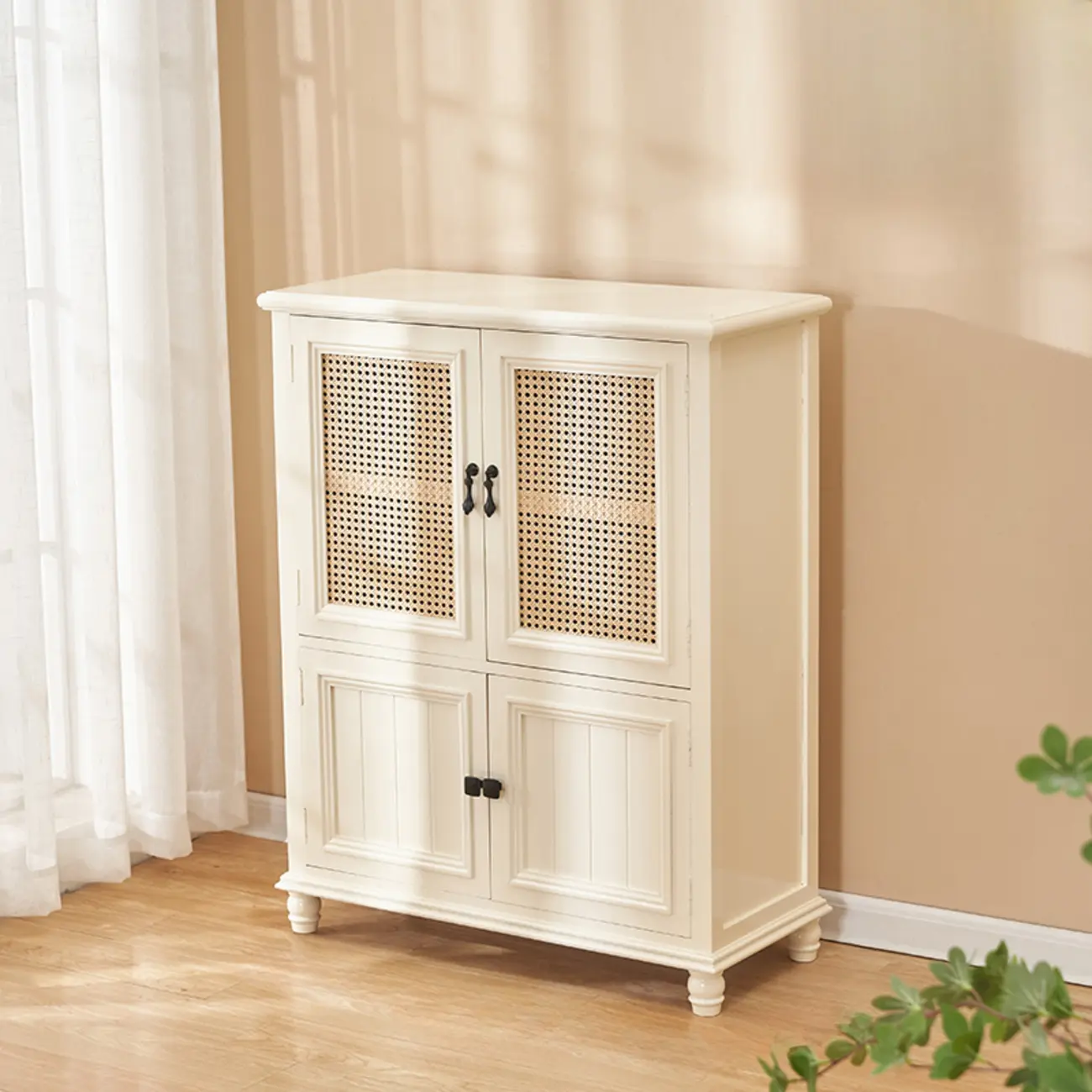 Classic Detached White Solid Wooden Wicker Storage Cabinet