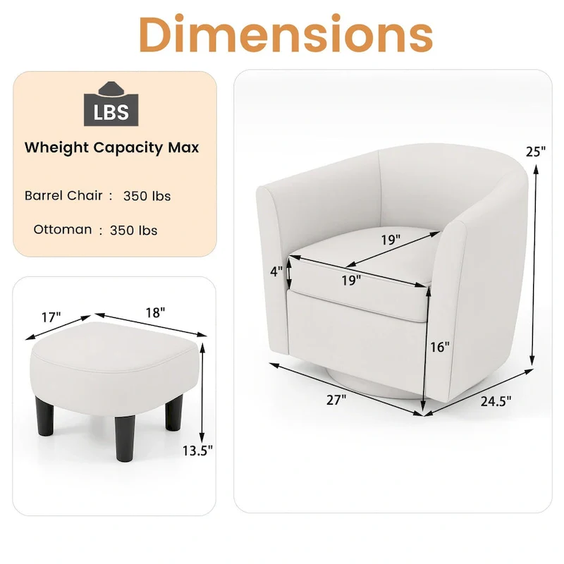 Swivel Barrel Chair with Ottoman Footrest Curved Backrest