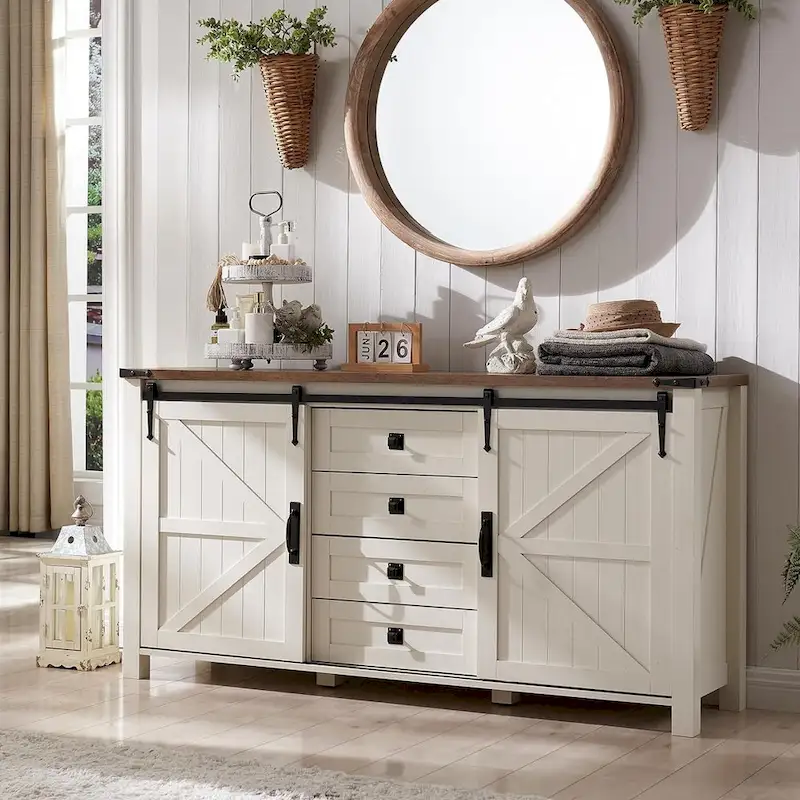 Farmhouse Dresser with 4 Drawers & 2 Sliding Cabinets, Dark Rustic Oak/Antique White/Barnwood