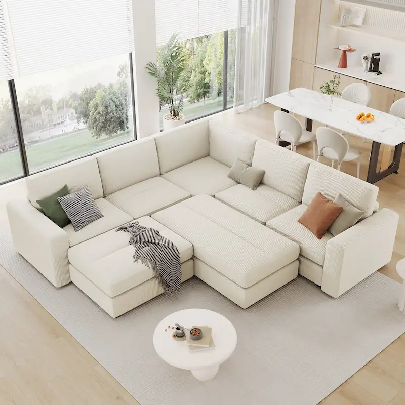 Corduroy Sectional Couch Sofa Bed, Modular Sofa with 2 Movable Ottomans Sleeper Recliner Sofa Couch for Living Room