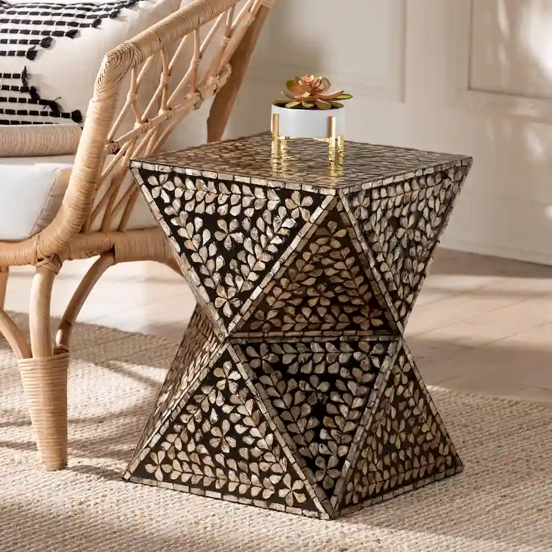 Feronia Modern Bohemian Black and Bronze Mother of Pearl End Table