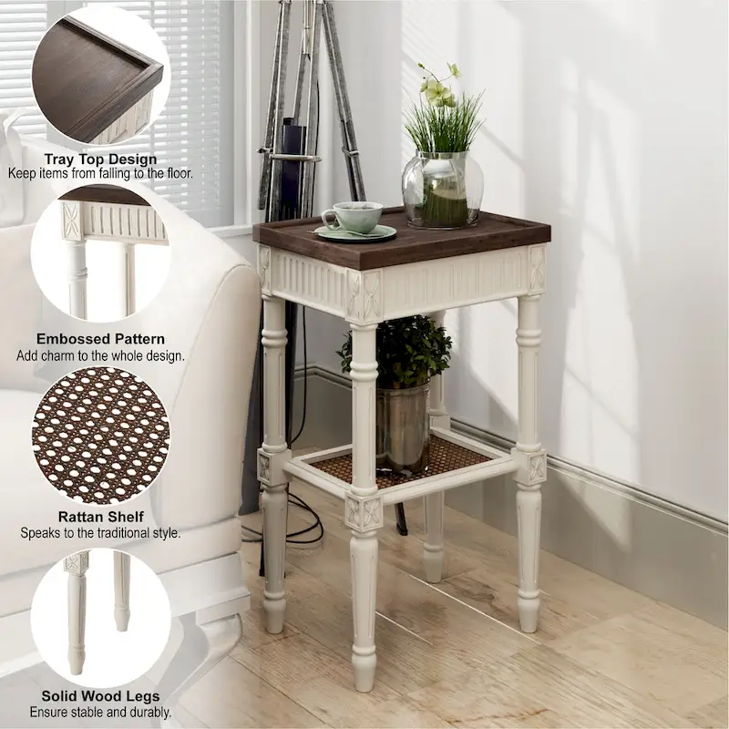 French Country Side Table, White/Black, Tray Top & Wicker Shelf, Distressed