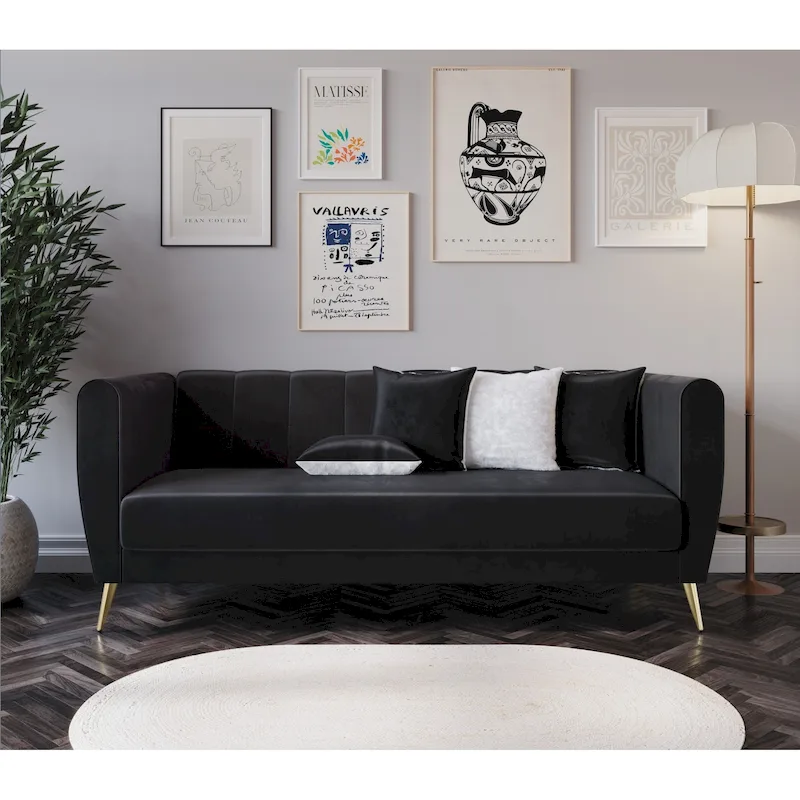 Scarlett Velvet Flared Arm 3-Seater Sofa with 4 Throw Pillow