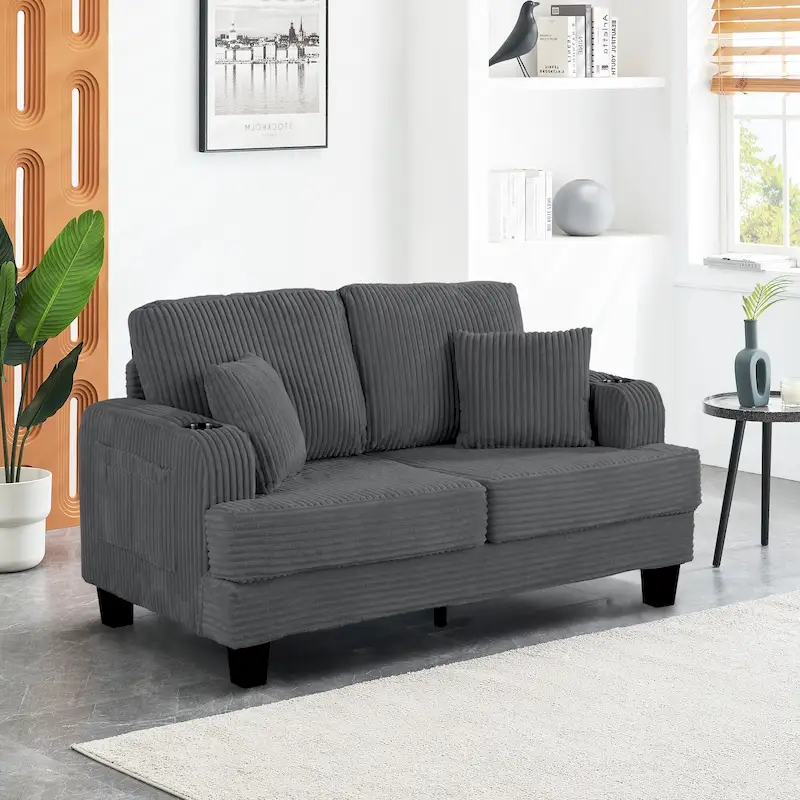 61 Contemporary Corduroy Loveseat Sofa with 2 Pillows and Cup Holder