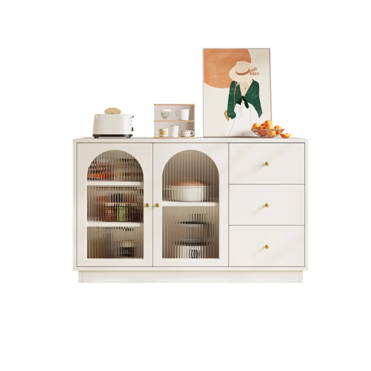 Elegant Adjustable Arched Glass Wood Buffet Cabinet with 3 Drawers