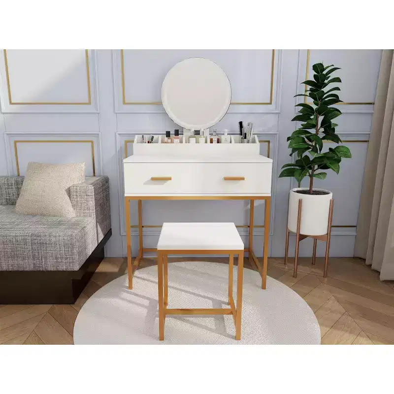 Okak Modern Girls Vanity with Metal Legs and Round Mirror, Makeup Vanity with Cushioned Stool, Makeup Table for Small Bedroom, Ancient White