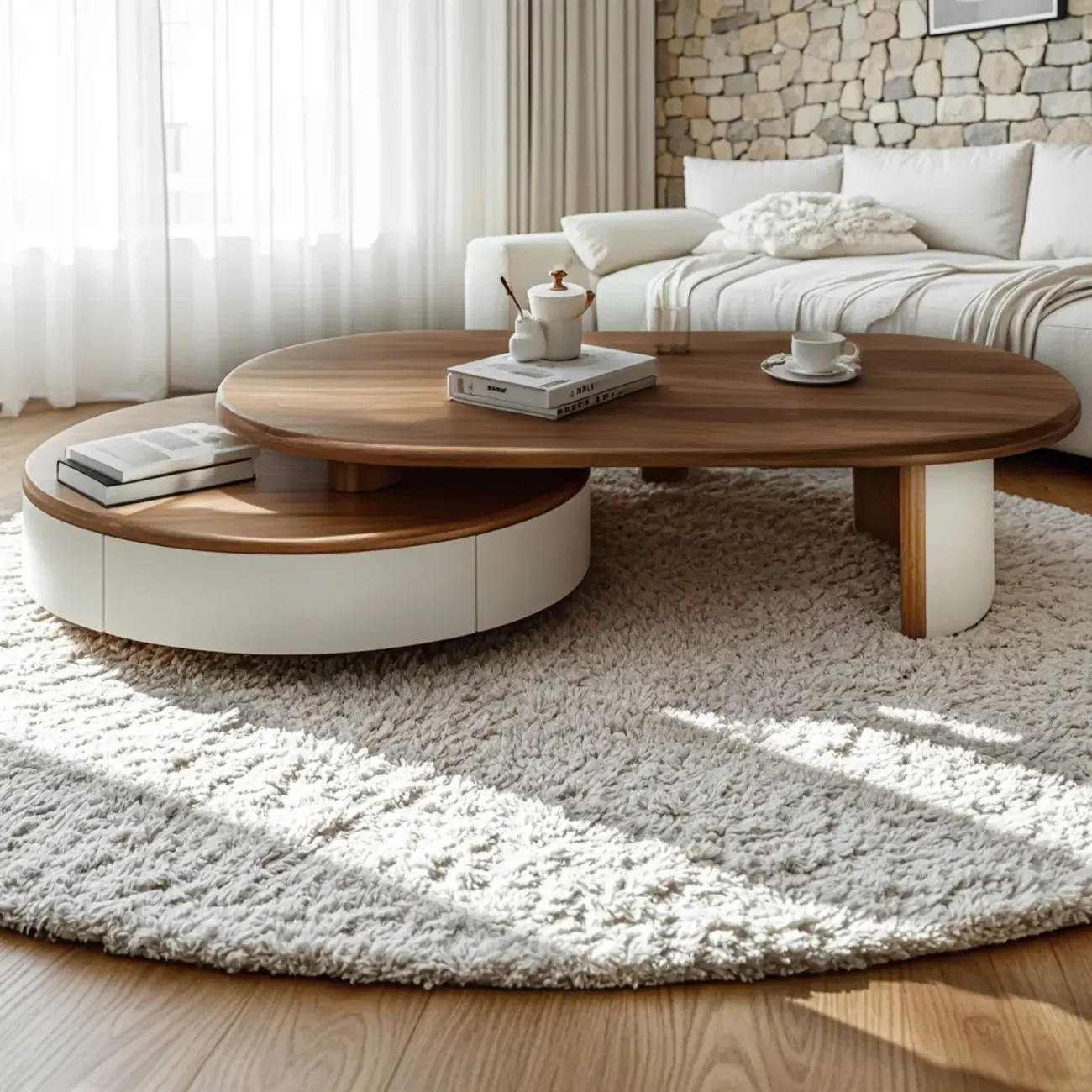 Modern Brown Beige Nest Wooden Rounded Drawer Coffee Table