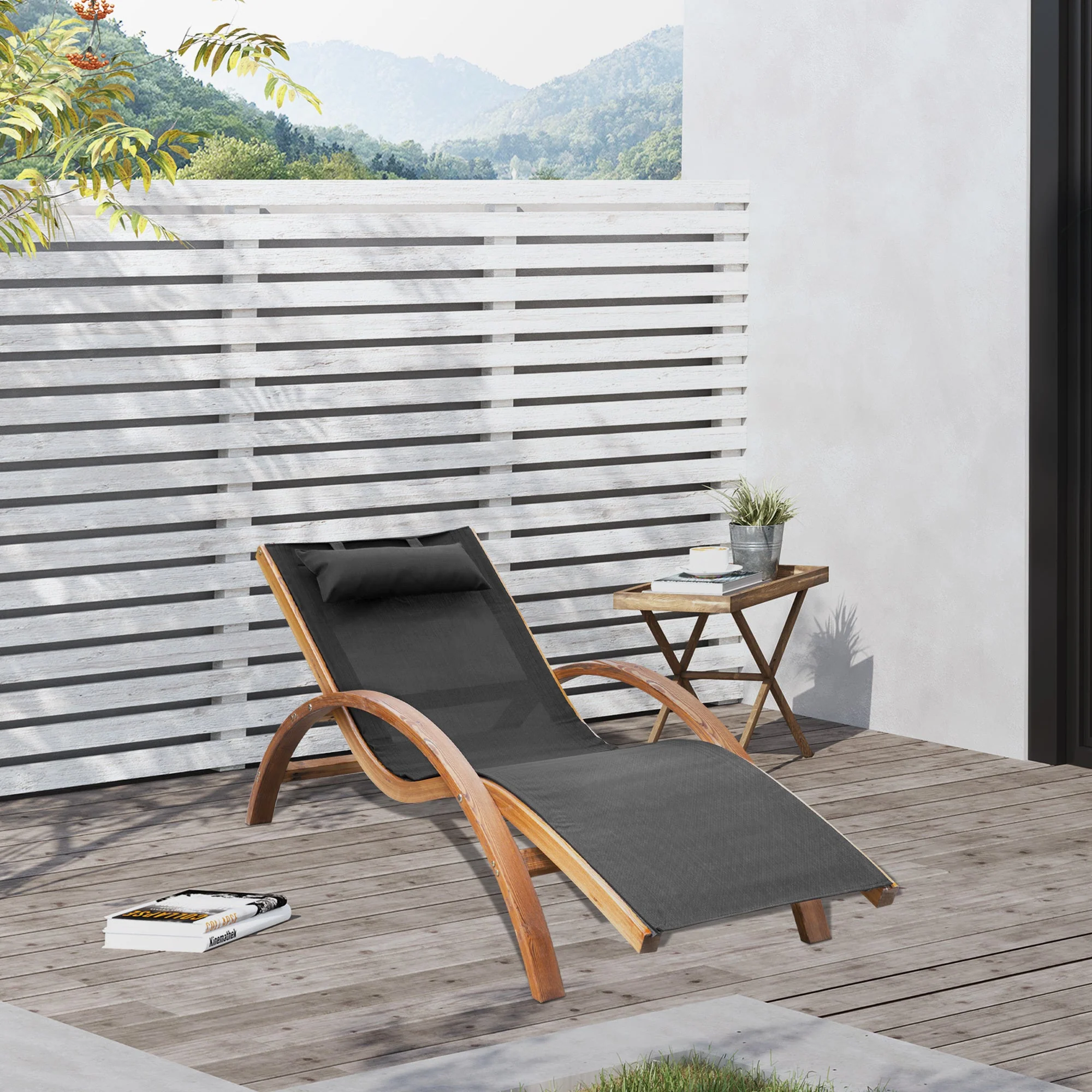 Walker Edison | Mesh Outdoor Chaise Wood Lounge Chair with Pillow