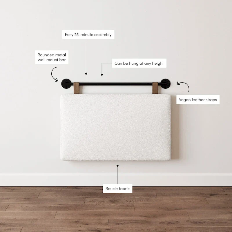Charlie Wall Mount Boucle Upholstered Padded Headboard, Adjustable Height with Metal Rail