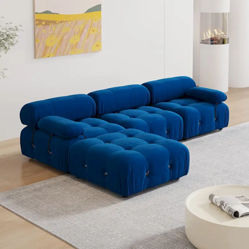 Blue Velvet Upholstered Sectional Sofa