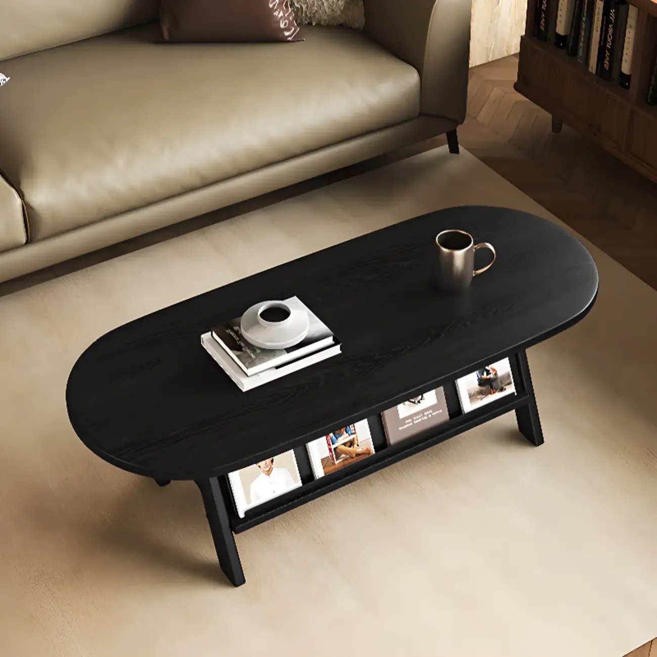 Classic Wooden Oval Coffee Table with Tilt Shelf