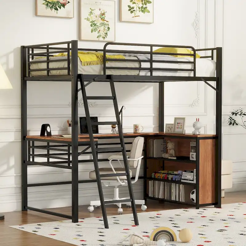 Metal Loft Bed with L-shaped Desk and 3 Layers of Shelves, Reversible Ladder