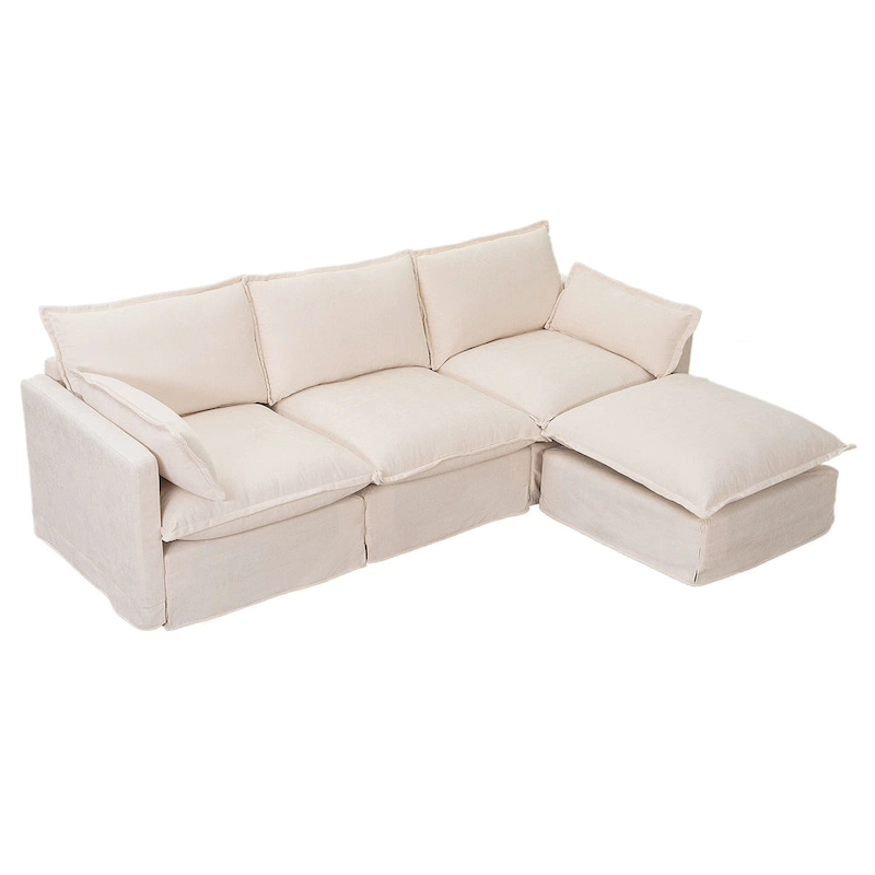 93.31 Faux Linen Modular Sectional Sofa with Movable Ottoman, Solid Wood Frame, and High-Resilience Foam Cushions
