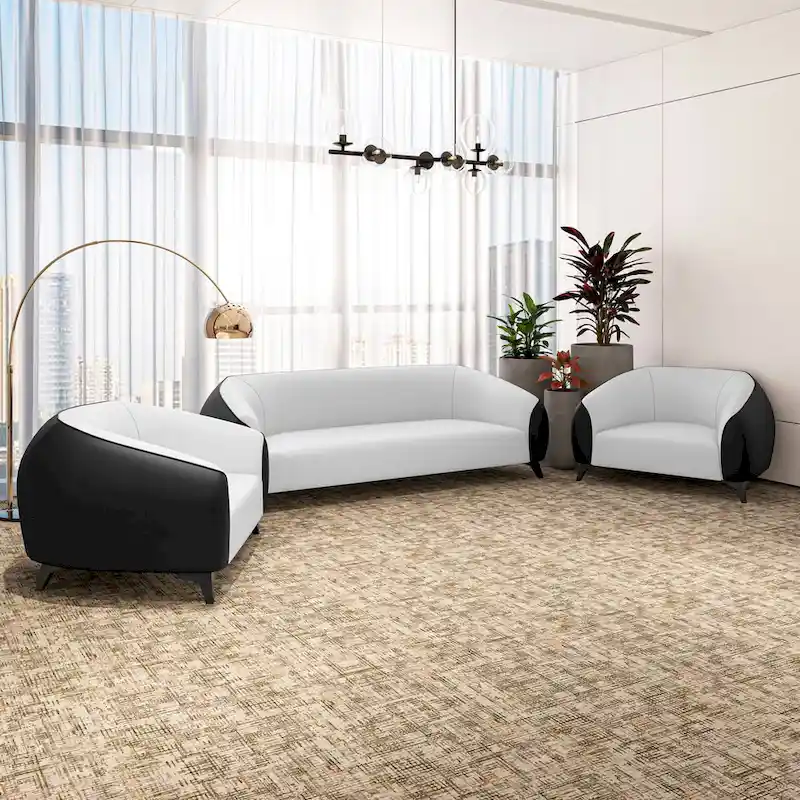 3-Piece Modern Sofa Set with Vegan Leather, Solid Wood Frame, Steel Legs, Foam Cushions for Living Room