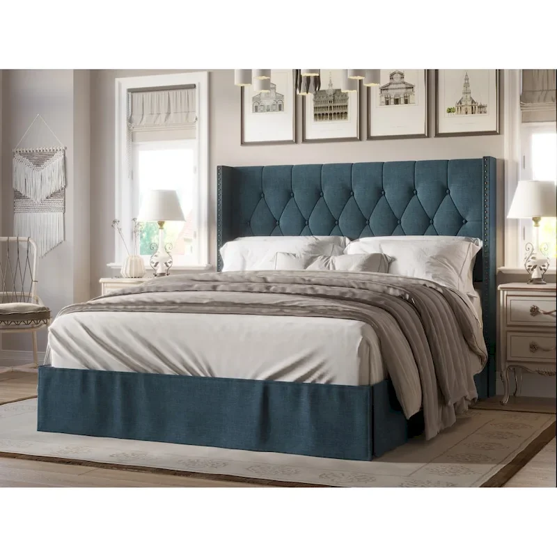 Tufted Upholstered Panel Bed, Wingback Headboard, Nailhead Trim, Seats 2, Grey/Black/Beige/Denim Blue, Twin/Full/Queen/King
