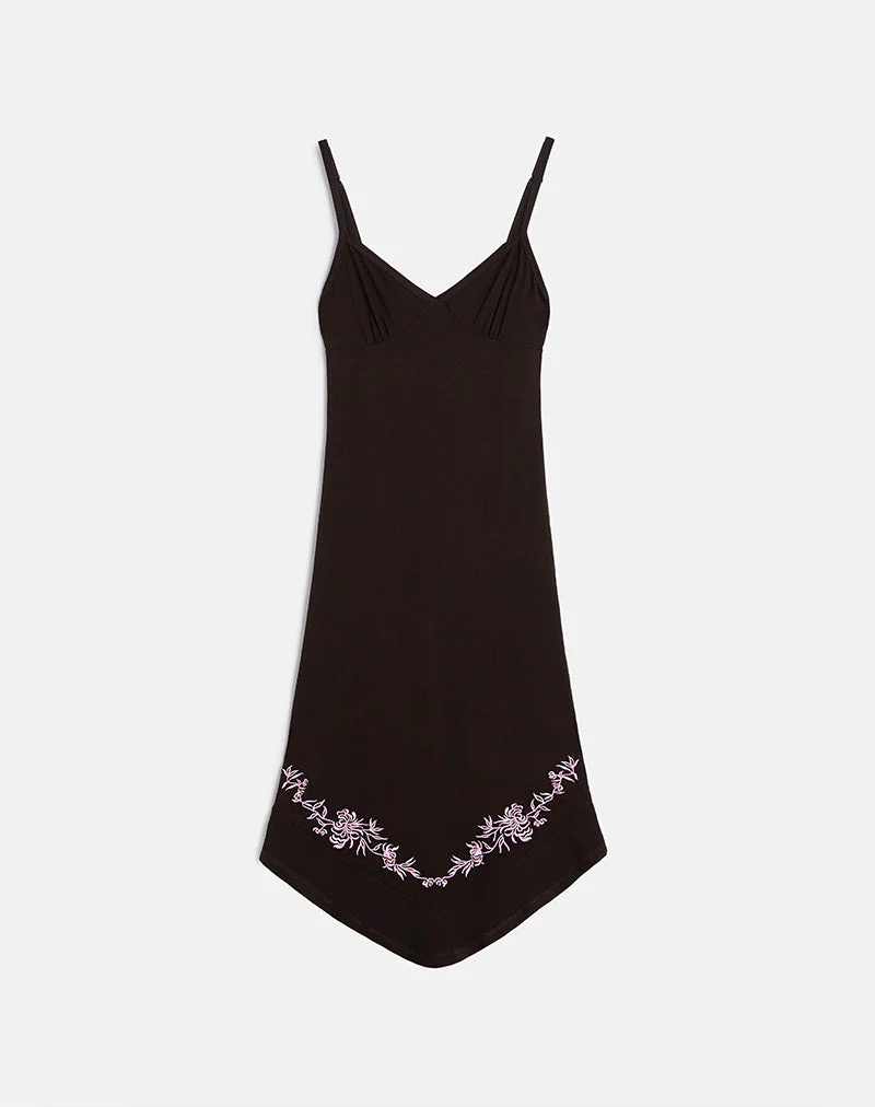 Quelin Midi Dress in Chocolate Brown with Rose Embroidery