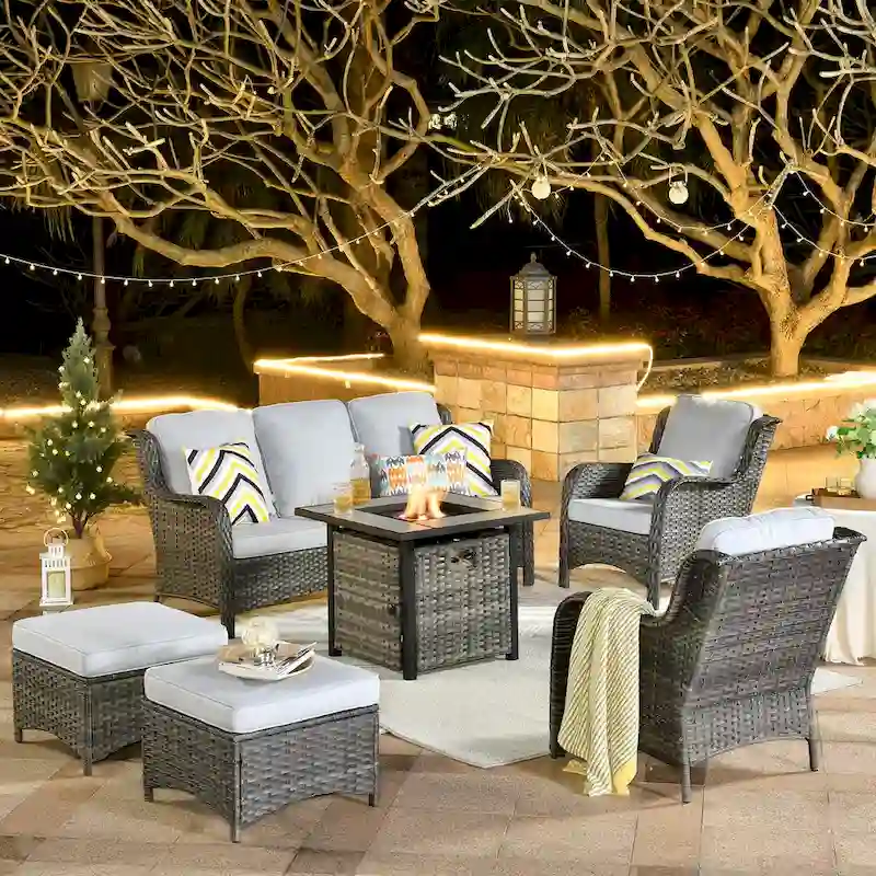 OVIOS Grey Wicker 6-piece Patio Furniture Set With 30  Fire Pit