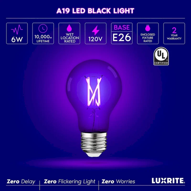 Luxrite A19 UV LED Black Light Bulb, 6W, Enclosed Fixture Rated, E26 Base - Halloween, Party, Body Paint, Poster 3-Pack