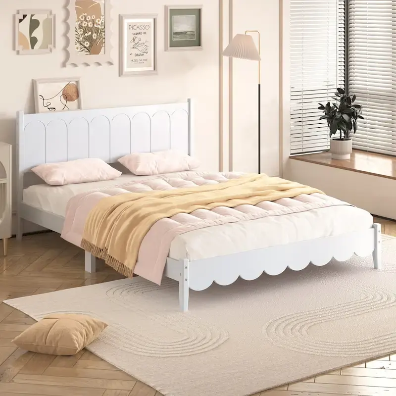 Queen Size Retro Style Wooden Platform Bed with Rectangular Headboard