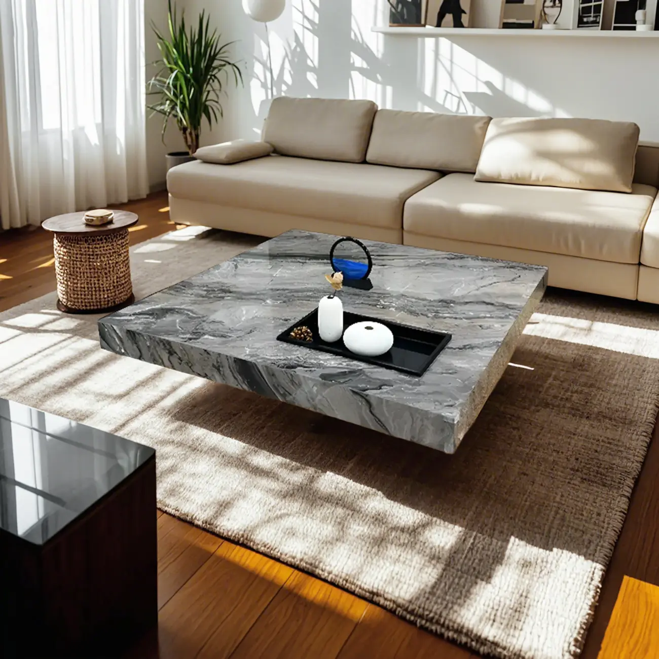 Modern Grey Square Coffee Table with Stainless Steel Base