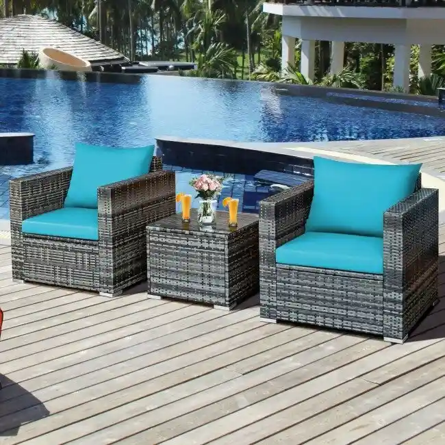 3 Pieces Patio Rattan Furniture Bistro Sofa Set with Cushioned - 28.5 (L) x 27.5 (W) x 27 (H)