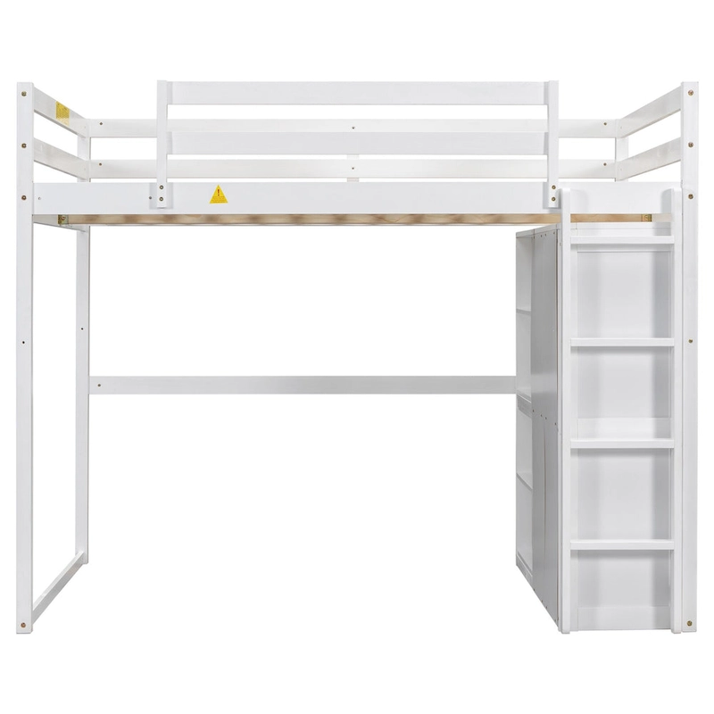 White Full Size Wood Loft Bed with Wardrobe and Storage Shelves