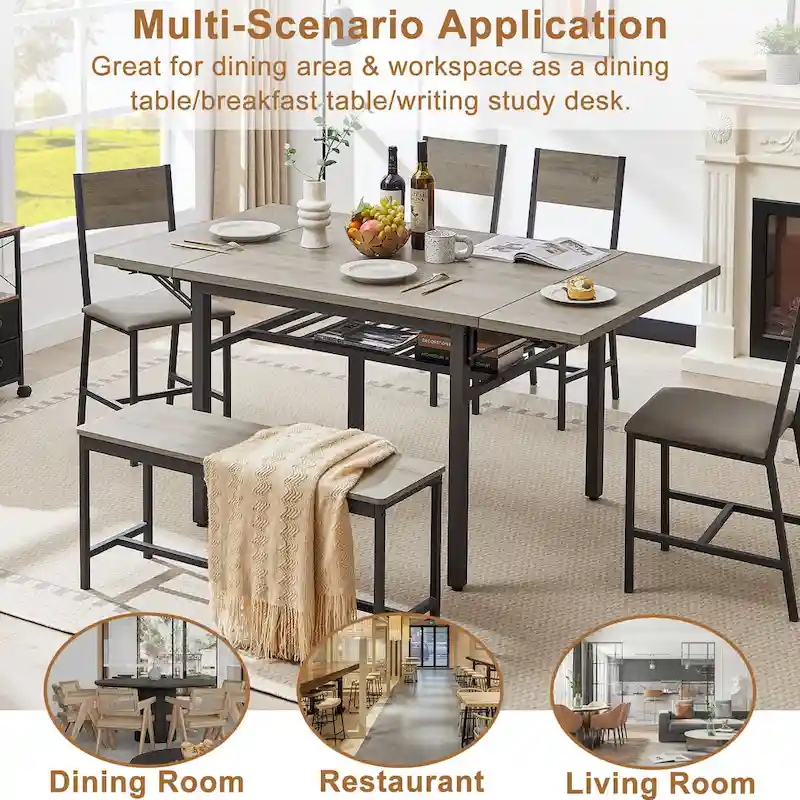 Modern Industrial 63.2  Extendable Dining Table w/Drop Leaf, Seats 6